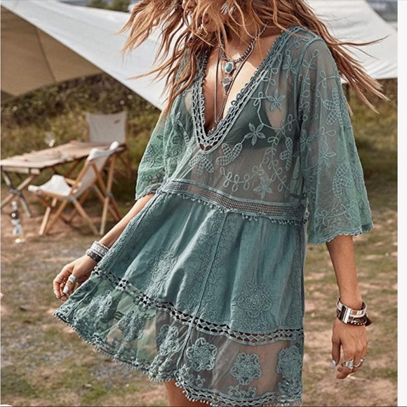 New OS BOHEMIAN CHIC GREEN XL Lace Crochet Tunic Cover-up/Top - Picture 3 of 11